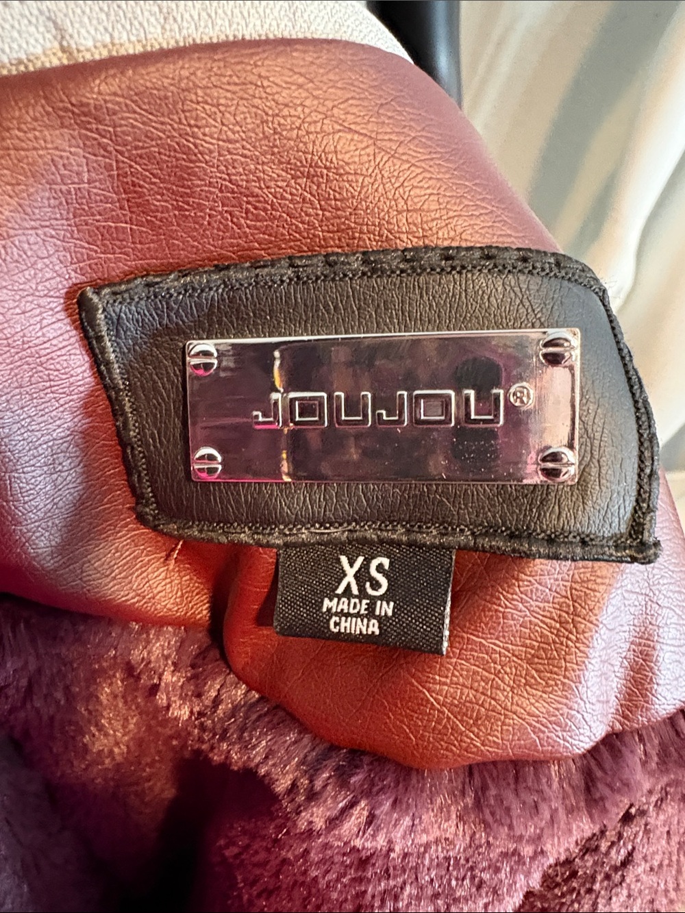 Jou Jou Wine Red Faux Leather Moto Jacket with Silver Zippers - Picture 9 of 10